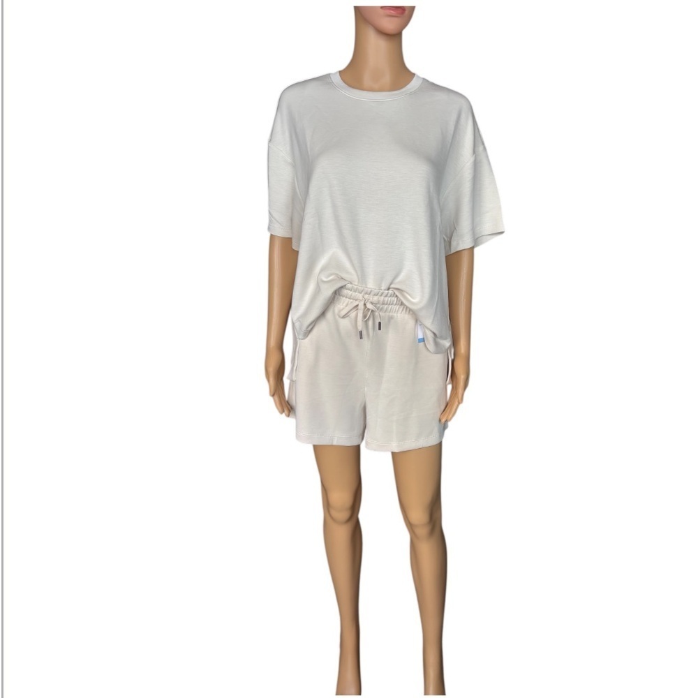 MEMBERS MARK WOMENS Short Sleeve Knit Pajama/Lounge Short Set/Beige/Pockets 😍